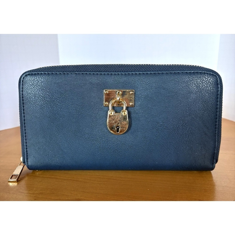 Blue/Teal Zip Around‎ Wallet Gold Padlock Accent Accordion Organizer Clutch Coin